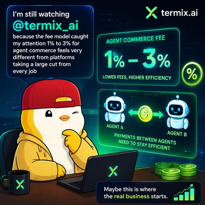 Meme featuring a penguin character promoting termix.ai, highlighting 'AGENT COMMERCE FEE 1% - 3%' with text about lower fees and payments between AI agents.