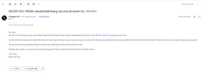 A screenshot of an X (Twitter) support email from 'X Support' in Vietnamese, appearing to be a phishing alert about fake emails impersonating X Support.