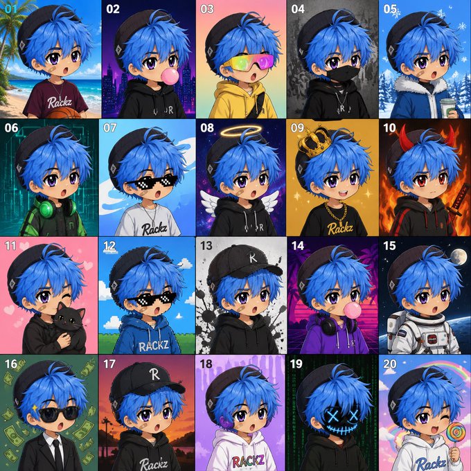 A chibi-style boy with blue hair and a black "Rackz" beanie is shown in 20 numbered variations, each featuring different themes like beach, cyberpunk, angel/halo, devil/horns, cat, astronaut, and hacker/3D glitch designs, presenting a diverse NFT collection of profile pictures.