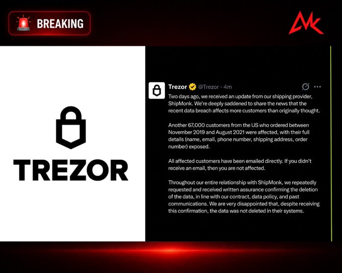 A 'BREAKING' news graphic from channel 'MK' featuring a tweet from Trezor (@Trezor) stating: 'Two days ago, we received an update from our shipping provider, ShipMonk. We're deeply saddened to share the news that the recent data breach affects more customers than originally thought. Another 67,000 customers from the US who ordered between November 2019 and August 2021 were affected...'