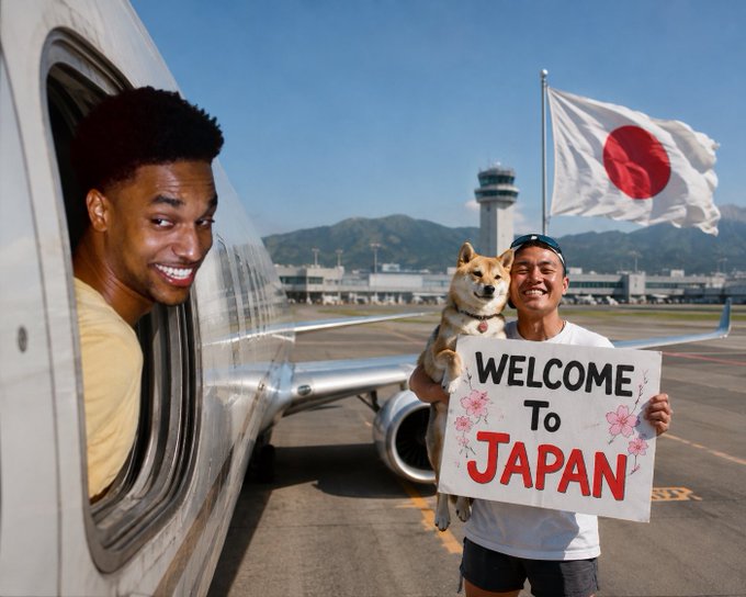 A man leans out of an airplane window smiling at another man on the tarmac who is holding a Shiba Inu dog and a sign reading 'WELCOME To JAPAN', with a Japanese flag and air traffic control tower visible in the background.