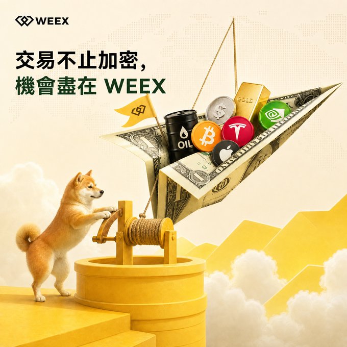 A WEEX advertisement featuring a Shiba Inu operating a well, with a paper airplane carrying crypto coins (Bitcoin, oil, Tesla, Apple) and Chinese text reading '交易不止加密，機會盡在 WEEX'.