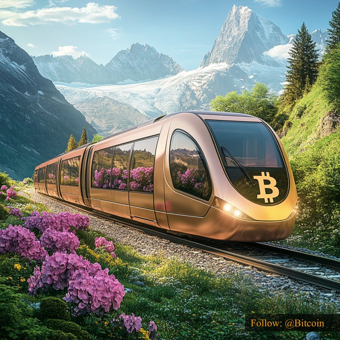 The accompanying post says: "$64,236.40 #Bitcoin".

A sleek gold train emblazoned with the Bitcoin logo travels through a scenic alpine landscape, with mountain peaks and lush pink florals framing the tracks, symbolizing the upward momentum and value of Bitcoin at $64,236.40.