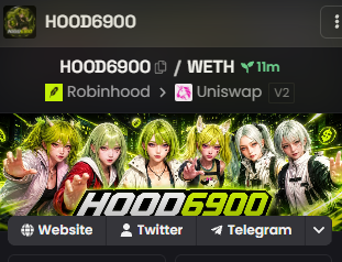 A cryptocurrency listing for HOOD6900 paired with WETH on Robinhood and Uniswap V2, featuring anime-style character artwork.