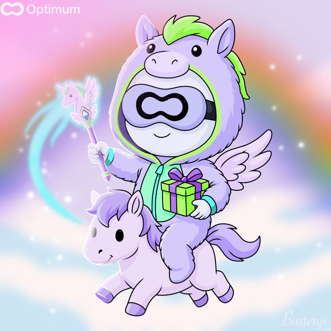 A digital illustration featuring a character in a purple unicorn onesie with the Optimum logo on its face, holding a magical unicorn wand and a gift box while riding a small purple unicorn against a pastel rainbow background, signed 'Basteryx' and labeled 'Optimum'.