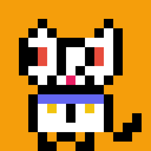 A pixel art illustration of a white cat with red eyes, wearing a blue collar with a bell, is set against an orange background.