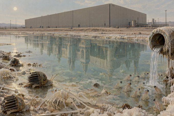 A surreal industrial landscape showing a large warehouse-like building reflected in a polluted pool of water, with strange creature-like figures emerging from the murky ground and a pipe discharging liquid.