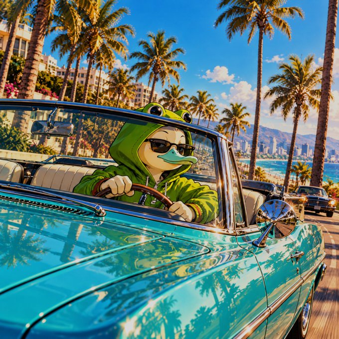 A digital illustration shows an anthropomorphic frog character wearing sunglasses and a green hoodie, driving a turquoise convertible car along a palm-lined coastal road.