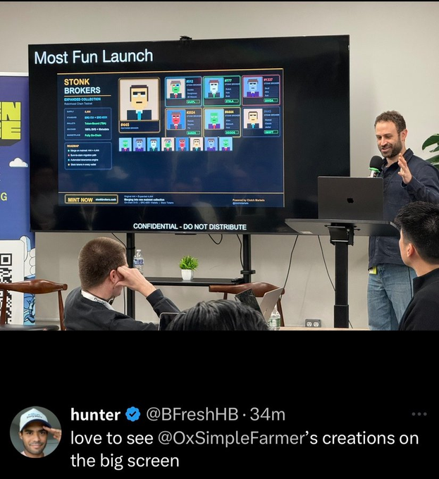 A presenter stands at a podium showcasing "Stonk Brokers" on a large screen displaying "Most Fun Launch" with pixel art characters and NFT listings, while a tweet from @BFreshHB (@hunter) praises @0xSimpleFarmer's creations on the big screen, aligning with the post's mention of an NFT collaboration under the #STONKBROKER token launch.