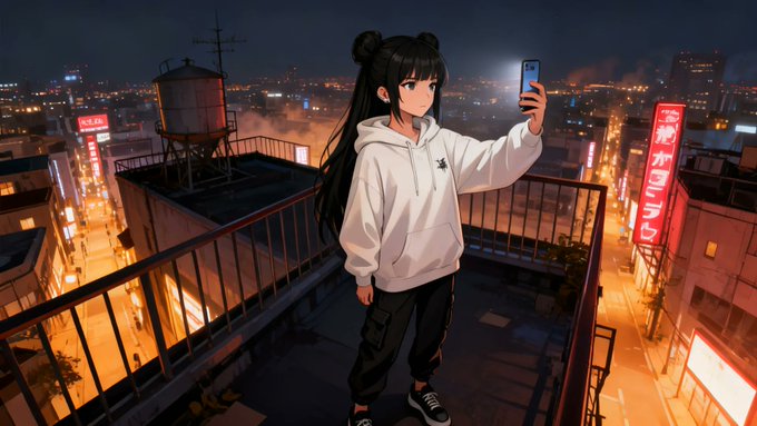 An anime-style girl with black twin buns and a white hoodie takes a selfie on a rooftop overlooking a neon-lit city at night.