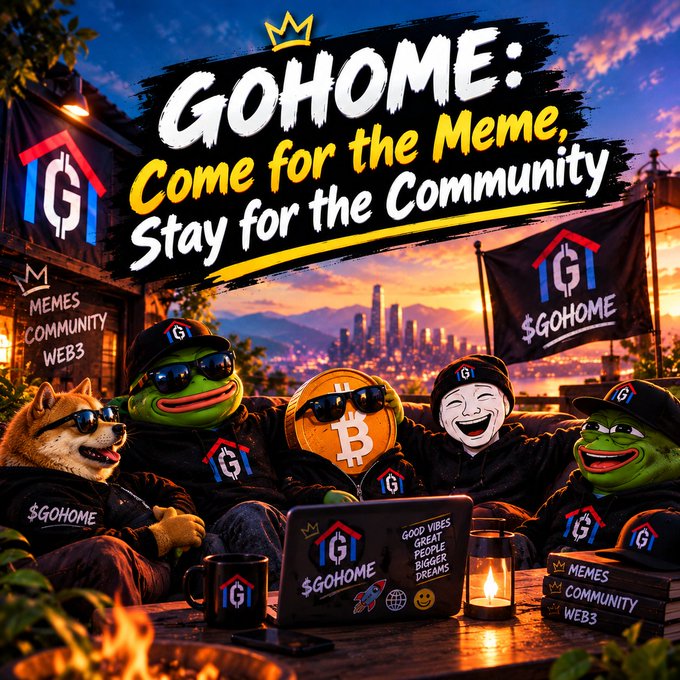 A promotional graphic reads "GOHOME: Come for the Meme, Stay for the Community" featuring Pepe, Doge, and Bitcoin mascots.