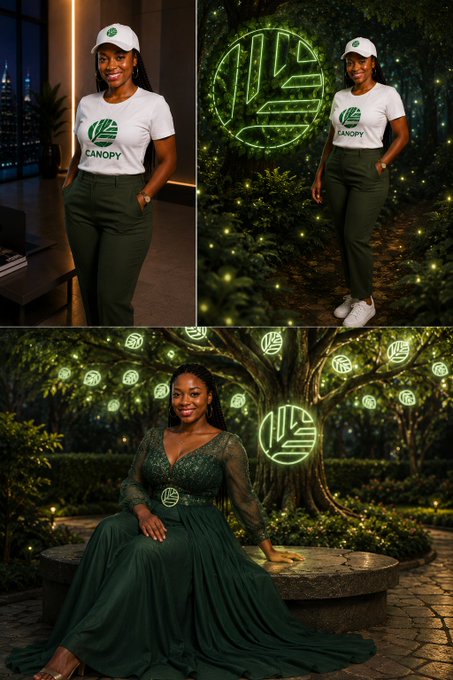A collage features a woman wearing a white 'CANOPY' branded t-shirt and cap in different outdoor settings, alongside a stylized image of her in an elegant green gown seated by a tree with glowing logos.