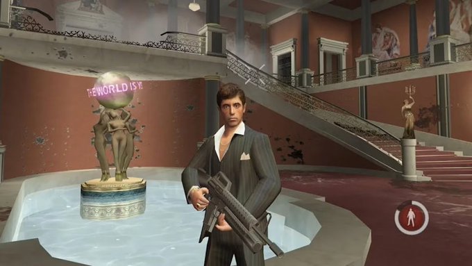 A man in a pinstripe suit holds a large firearm in an ornate, battle-scarred lobby, standing before a "The World Is Not Enough" globe fountain, with a blood-soaked floor evoking the post's reminder to remember one's violent origins.