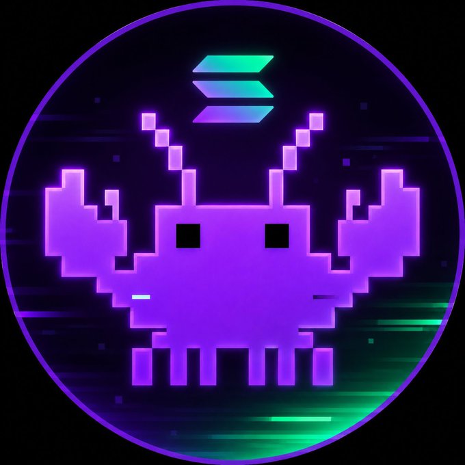 Pixel-art style purple space invader/alien character with the Solana logo (three stacked parallelograms) displayed above it, set against a dark background with a green grid floor.
