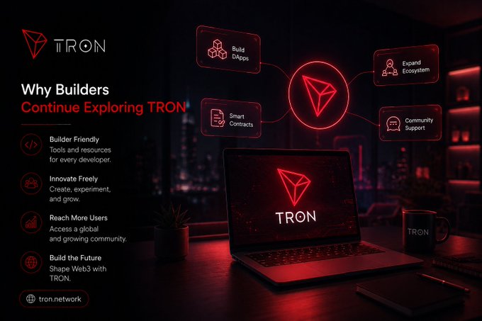 Marketing graphic for 'TRON' titled 'Why Builders Continue Exploring TRON,' listing features like Build dApps, Smart Contracts, Expand Ecosystem, and Community Support around a glowing red TRON logo on a laptop.