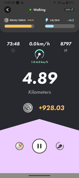 A STEPN fitness app screen displays a "Walking" session with 4.89 kilometers covered, 8,797 steps, and a pace of 1.0–6.0 km/h, matching the post about the user trying out walking in the app despite concerns over accuracy and the long distance requirement.