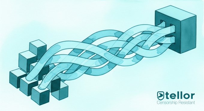 An illustration shows blue, glassy ribbons intertwining between smaller cubes on the left and a single large cube on the right, with the 'tellor Censorship Resistant' logo in the bottom right corner.