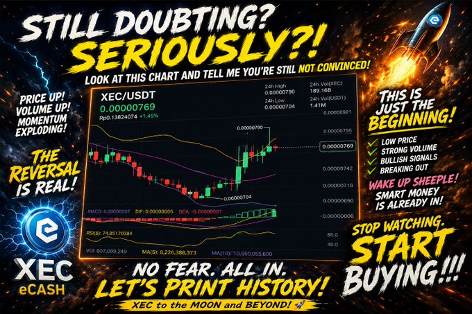 A chaotic promotional graphic for the cryptocurrency XEC (eCash), featuring a candlestick chart and bold yellow text saying "STILL DOUBTING? SERIOUSLY?!", "THE REVERSAL IS REAL!", and "START BUYING!!!"