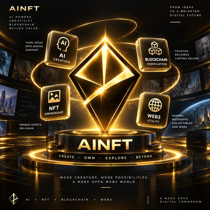 The image is a futuristic promotional graphic for AINFT, featuring a glowing golden Ethereum-style diamond symbol at the center on a pedestal, surrounded by four feature icons representing AI Creation, Blockchain Verification, NFT Ownership, and Web3 Utility. Tagline text reads "AI POWERS CREATIVITY, BLOCKCHAIN BUILDS VALUE" and "FROM IDEAS TO A BRIGHTER DIGITAL FUTURE," with the AINFT branding and the message "CREATE • OWN • EXPLORE • BEYOND."

The graphic visually reinforces the post's theme by illustrating how each technology pillar (AI, blockchain, NFTs, and Web3) contributes to transforming ideas into verifiable digital assets, matching the post's description of AINFT's interconnected ecosystem.