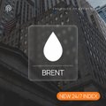 A 'BRENT' commodity ticker card with a price drop indicator shown against a dark, blurry background.
