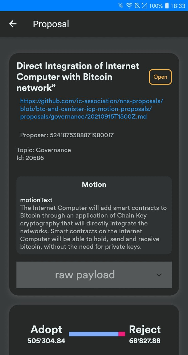 The image shows a phone screen with an open page displaying information about Bitcoin integration into a computer network, along with details of the proposal process. The text on the screen indicates that the integration process is currently underway or in progress, as indicated by the words "similar to r/bsv". This suggests that there might be a discussion or decision-making happening around this topic within the Bitcoin community.