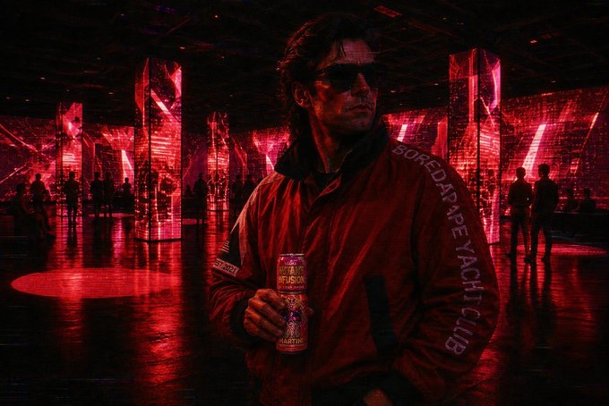 A man in sunglasses holds a “Bored Ape Yacht Club” canned drink amid a red-lit, mirrored immersive installation, with “BORED APE YACHT CLUB” printed on his jacket. The neon “Apefest” visuals and branding reinforce the event connection.