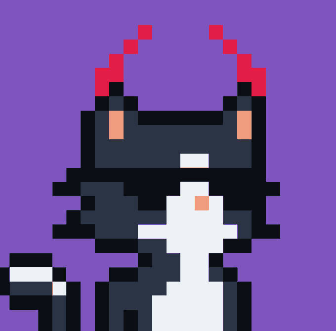 A pixel art illustration on a purple background depicting an anthropomorphic black cat character with red devil horns, a white belly, and holding an object.