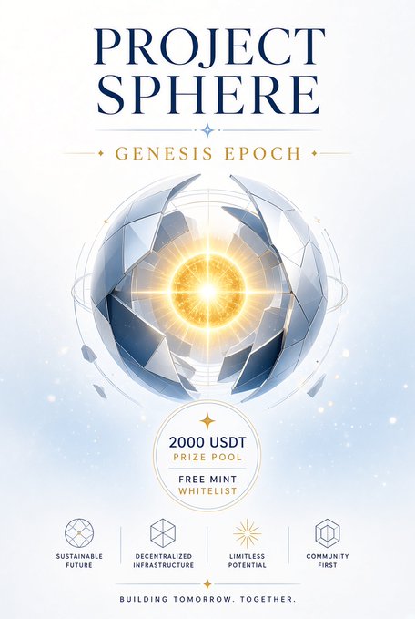 A promotional poster for 'PROJECT SPHERE GENESIS EPOCH' advertises a '2000 USDT PRIZE POOL' and a 'FREE MINT WHITELIST' with a glowing sphere logo.