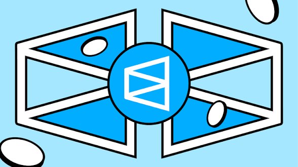A blue and white cartoon-style logo featuring a central circle with a geometric 'M' or envelope shape, flanked by two symmetrical bowtie or hourglass shapes with small oval accents.