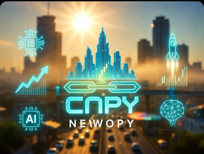 The image shows a futuristic cityscape with a glowing "CNPY NEWOPY" logo at its center, surrounded by holographic icons of a rocket, brain, AI chip, and ascending growth chart, all overlaid against a blurred urban skyline at sunrise. This visually reinforces the post's message about Canopy (CNPY) securing $8.5M in seed funding to accelerate AI-native blockchain development and empower builders to launch sovereign blockchains.