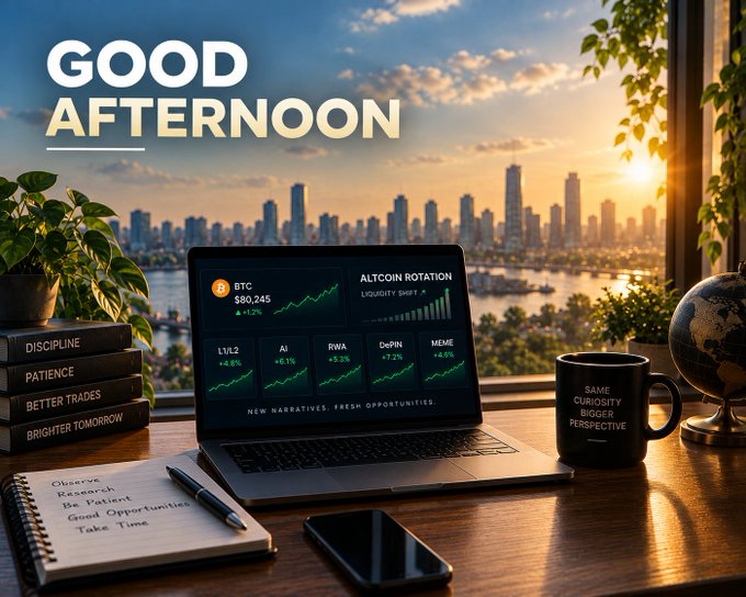 A motivational 'GOOD AFTERNOON' graphic featuring a laptop displaying crypto charts (BTC, ALTCOIN ROTATION) on a desk with books labeled 'DISCIPLINE', 'PATIENCE', 'BETTER TRADES', 'BRIGHTER TOMORROW', and a coffee mug with values like 'SMC', 'CURIOSITY', 'BIGGER PERSPECTIVE'.