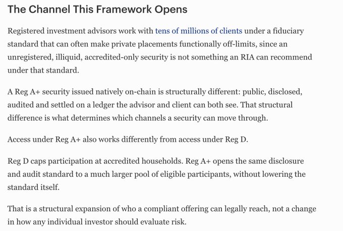 Text article titled 'The Channel This Framework Opens' discussing Reg A+ and Reg D securities regulations for registered investment advisors and clients.