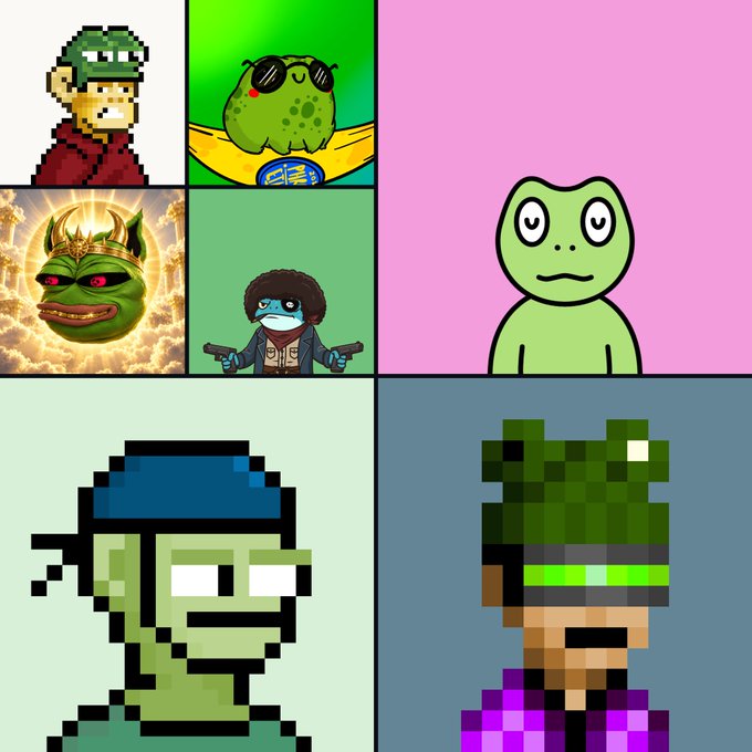 A collage featuring various cartoon frog characters and frog-themed avatars, including pixel art styles, a Pepe-like figure, and other stylized green frog illustrations.