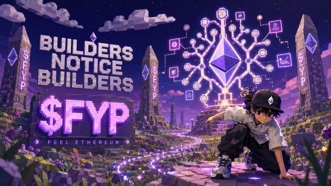 A promotional graphic reading 'BUILDERS NOTICE BUILDERS $FYP FEEL ETHEREUM' featuring an anime-style character and a glowing purple Ethereum logo.
