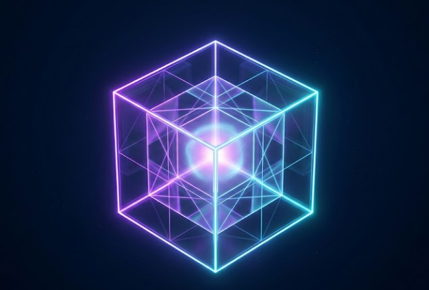 A glowing neon geometric cube with purple, blue, and pink hues floats against a dark background, featuring intricate line patterns inside.