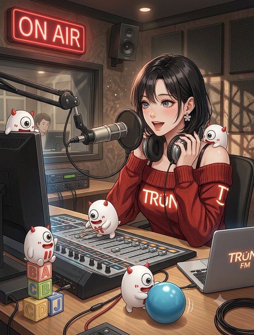 An anime-style female radio host in a "TRUN" sweater broadcasts in a studio with an "ON AIR" sign, surrounded by small white mascot creatures, while the accompanying post promotes an upcoming TRON X Space event in Japan featuring an Amazon gift card and TRX giveaway campaign.