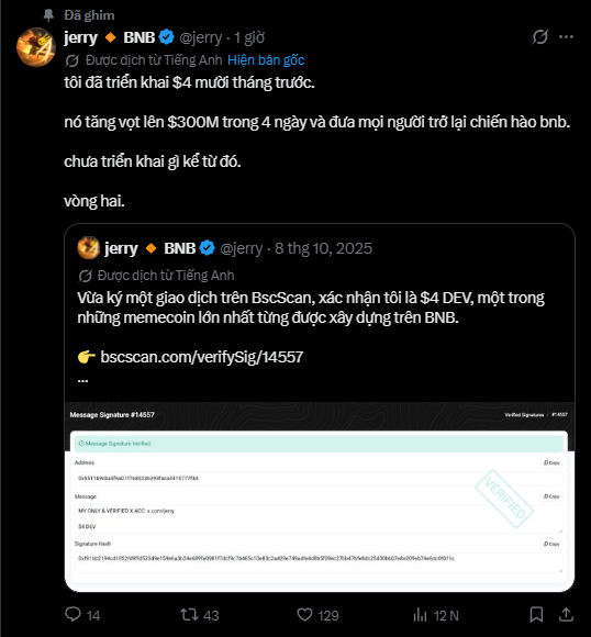 Vietnamese Twitter/X thread from user 'jerry @jerry' about BNB cryptocurrency, discussing a 'Hiến binh gốc' (original veteran) who turned $4 million into $300M in 4 days, including a BscScan message signature verification for $4 DEV