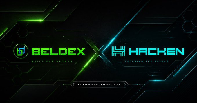 A promotional banner showing a partnership between 'BELDEX' and 'HACKEN' with the tagline 'STRONGER TOGETHER', featuring Beldex's 'BUILT FOR GROWTH' and Hacken's 'SECURING THE FUTURE' on a dark, tech-themed background.