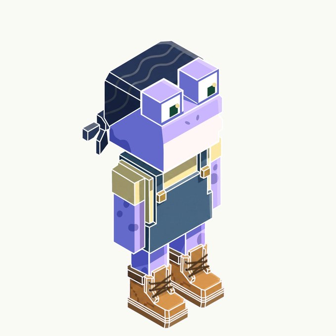 An isometric 3D rendering of a blocky, stylized character with purple skin, dark blue hair, a headband, and brown boots against a white background.