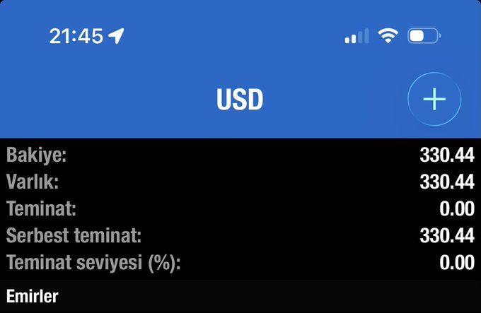 A mobile trading app screenshot showing a USD account with a balance (Bakiye), equity (Varlık), and free margin (Serbest teminat) of $330.44, zero margin level, and an empty orders (Emirler) section. This visually supports the post's claim of growing a manual trading account from $12 to $330.44 in a single day before the user automated the strategy with code.