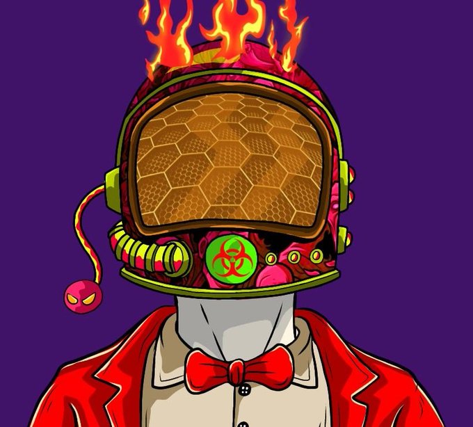 A colorful digital illustration of a figure wearing a red jacket and bow tie, whose head is a large, flaming mechanical device featuring a honeycomb visor, a biohazard symbol, and an angry cherry-like charm.