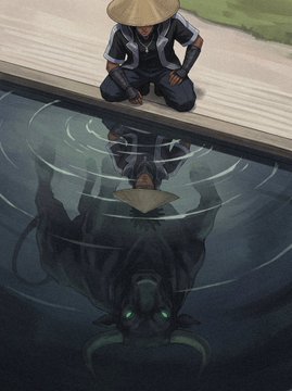 A figure in traditional samurai attire and conical hat kneels beside a wooden walkway, gazing down at its dark reflection in the water below, where a menacing creature with glowing eyes stares back. This haunting illustration is from the "SOLANGELES x $ANSEM // 09" art collection, with the imagery evoking themes of inner demons and self-reflection that align with the collection's artistic style.