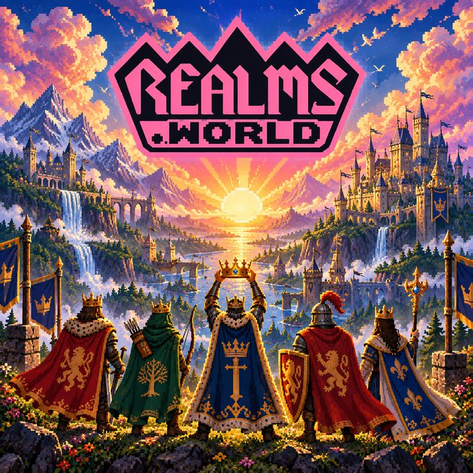 A vibrant, pixel-art style fantasy landscape with five crowned, cloaked figures standing with their backs to the viewer, looking out over a valley with castles, waterfalls, and a sunset, under the large 'REALMS.WORLD' logo.