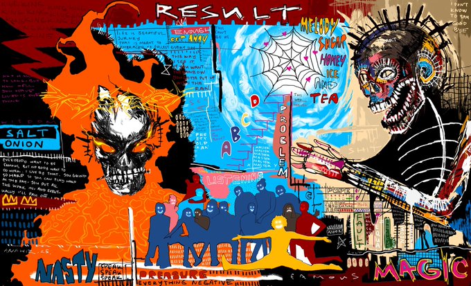A chaotic, graffiti-style digital artwork featuring skulls, skeletal figures, spiderwebs, and crowds of people amid a flurry of words like "RESULT," "PROBLEM," "MAGIC," "SALT," "NASTY," "MELODY," "SAD," "HOMEY," and a stock-ticker–styled panel reading "SALT & ONION." The vivid, high-energy visuals echo the upbeat "GM! Have a great day!" greeting, translating its cheerful chaos into a bold, expressive mural.