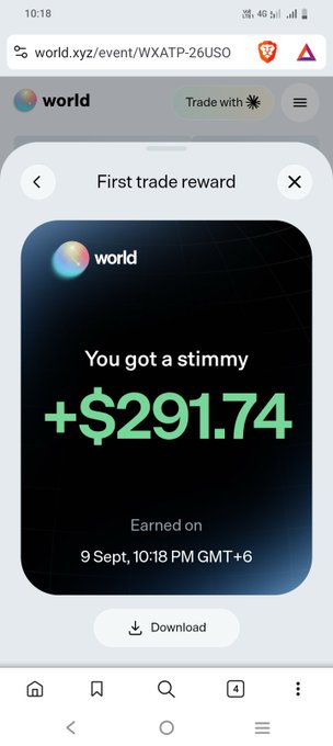 A mobile screenshot showing a 'world.xyz' (Worldcoin) 'First trade reward' notification awarding a 'stimmy' of +$291.74, earned on 9 Sept, 10:18 PM GMT+6.