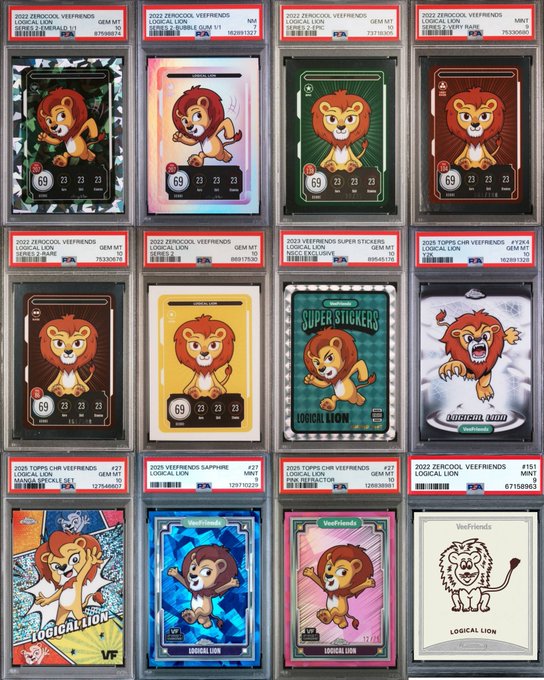 A collection of graded 'Logical Lion' trading cards from the 2022 Zerocool/VeeFriends and 2025 Topps CWS sets, all featuring the cartoon lion mascot in various poses and designs, professionally graded by PSA.