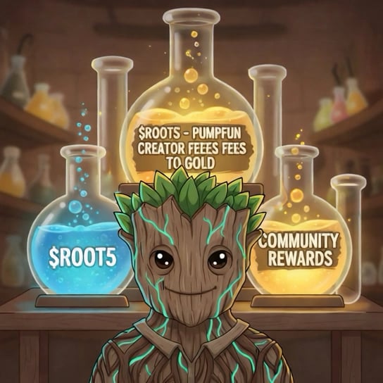 A cartoon tree-like character stands in a wizard's laboratory surrounded by bubbling potion bottles labeled "$ROOT5," "$ROOTS - PUMPFUN CREATOR FEES FEES TO GOLD," and "COMMUNITY REWARDS," visually representing the ROOT5 DAO's alchemy of converting Pumpfun creator fees and community rewards into token utility for their meme credit union project.