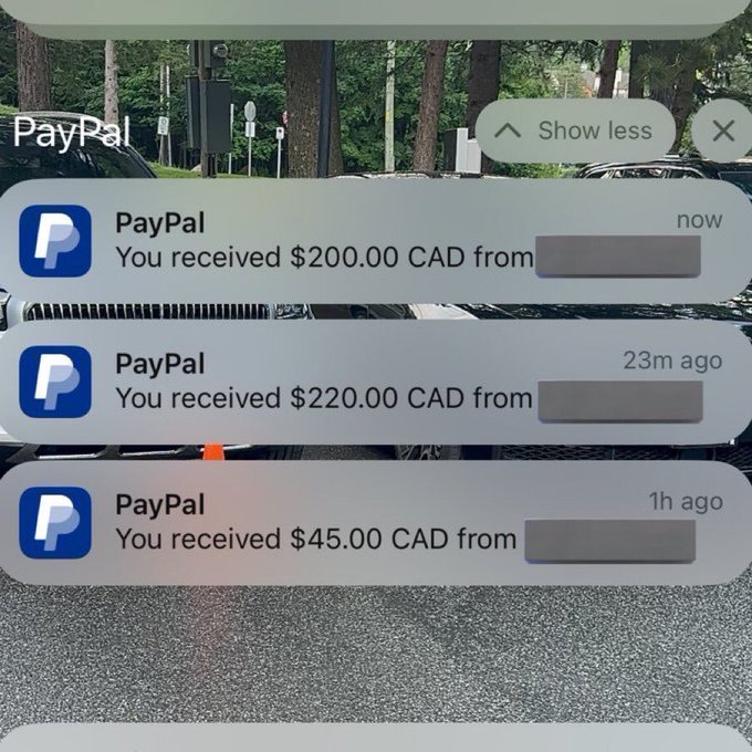 A screenshot of PayPal notifications showing three received payments of $200.00 CAD, $220.00 CAD, and $45.00 CAD from followers (names redacted), supporting a giveaway by @Shubhambais05 to send $2,556 to a participant who simply comments "hi."
