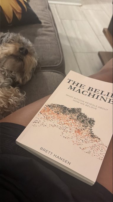 A small shaggy dog rests on a gray sofa beside a person holding the book "THE BELIEVING MACHINE: WHAT BITCOIN REVEALS ABOUT HOW WE BELIEVE" by Brett Hansen.