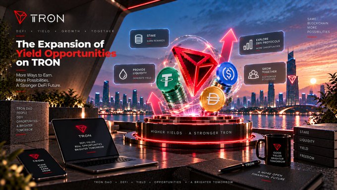 A TRON cryptocurrency promotional graphic titled 'The Expansion of Yield Opportunities on TRON' depicts glowing TRX, Bitcoin, and other crypto coins with labels for Stake, Liquidity, DeFi Protocols, and Grow Together.